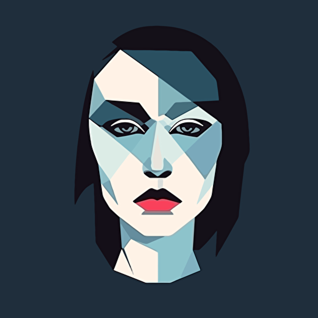 female head, front view, minimalistic illustration, flat planes, vector art