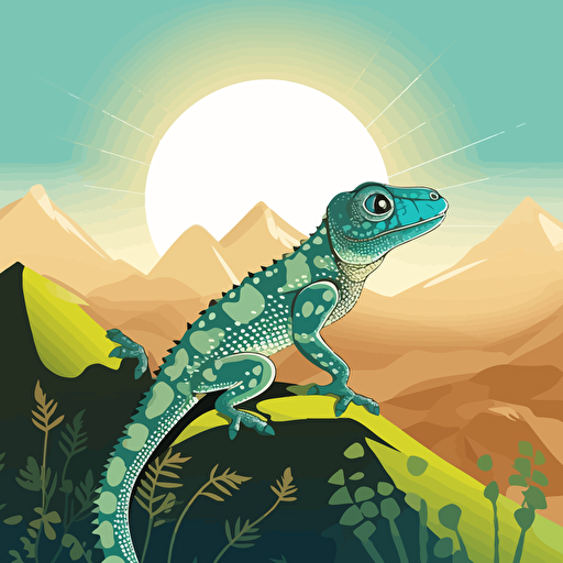 a vector illustration of a green peak, sunny day in backgroung, gecko