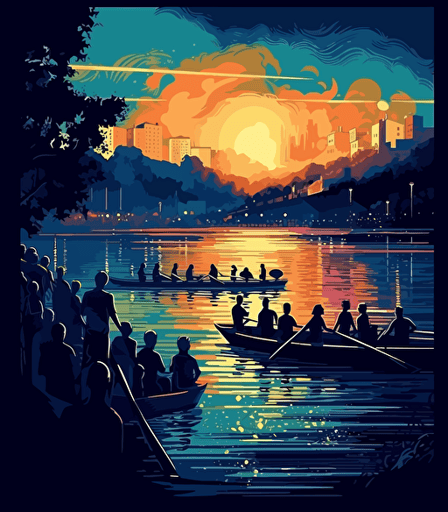 a crowd viewing a rowing boat race from the shore in the style of illustration, luminous palette, pictorial space, vector