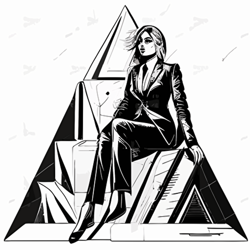 women in business suit sitting on a pointed pyramid, detailed outline vector illustration