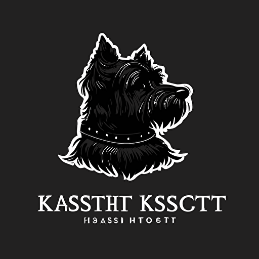 a maskot logo of a black scottish terrier with a white victorian ruffle collar, side profile, white background, vector