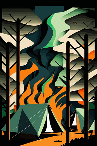 abstract camping, orange, green, khaki and blue colors, no text, pop art deco illustration, hand vector art, black background,