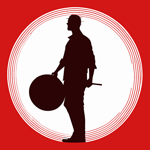 2d vector simple silhouette of a male holding a red hand drum. 2 colours.