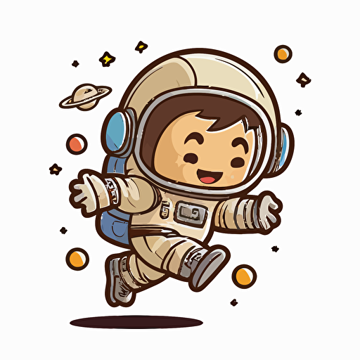 draw a 2D vector, cartoon, cute, astronaut flying in space, a simple drawing, in color but bordered with a black line, flat drawing and without details on a white background