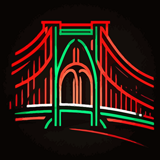 brooklyn bridge in red and green neon style on black background, vector illustrated logo, flat design, simple