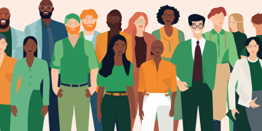 diversity and inclusion in the workplace, men and women, all skin colors, vector, flat, happy, corporate, office, collage, colorful, green colors