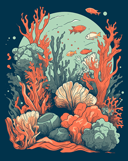 reef, retro aesthetics, vector image, sticker design, pantone color scheme: 12-1706 TCX, 12-0824 TCX, 15-0146 TCX, 15-1164 TCX, 16-6340 TCX, 17-4247 TCX, 18-2043 TCX, 19-6026 TCX. The final piece should exude a warm, holiday-like ambiance.