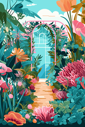 flat svg vector drawing of a colorful picturesque garden