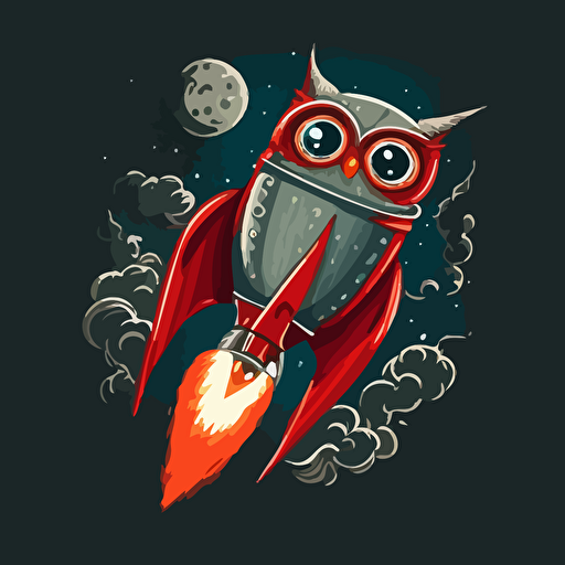 a vector illustration of an owl on a gray rocket with a red tip in outer space with nothing in the background