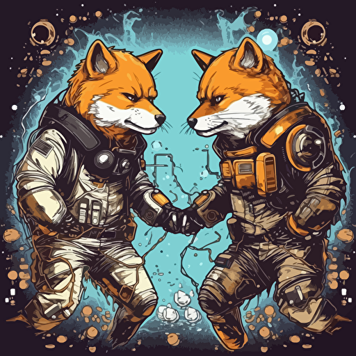 Create an image of a massive battle between two different states shiba inu cyber punk and fox dark shiba inu outfit battle, galaxy explose, anime background, vector, greekpunk, marvel style, white background
