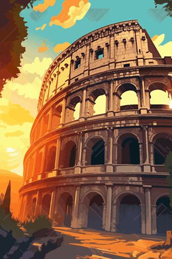 colosseum, illustration, painting, bright lighting, sun in sky, front view, flat,vector
