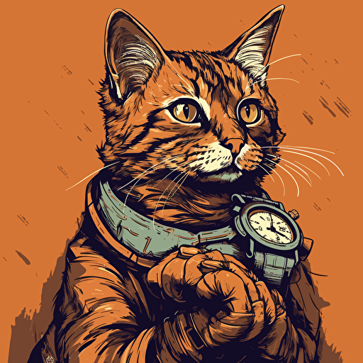 vector art style, cat looking at it's watch, in the style of Michael Parks