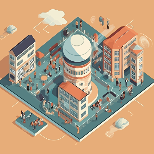 college of the future with students using new technology, vector illustration