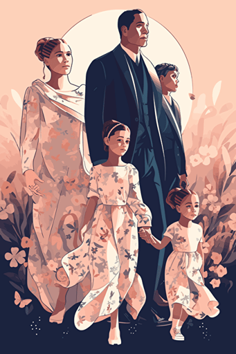 vector illustration of jennifer lopez, john, and their children for 'love' magazine, in the style of textural sensations, albert joseph moore, pastoral charm, dau al set, tami bone, pink and navy, smooth and polished