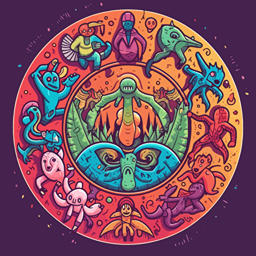 illustration, ultimate frisbee, anthropomorphic creatures without labels or categories, inspired by elements of nature, pure emotions, 5-color palette, vectorized illustration, colors not repeating side by side, geometric shapes and curves.