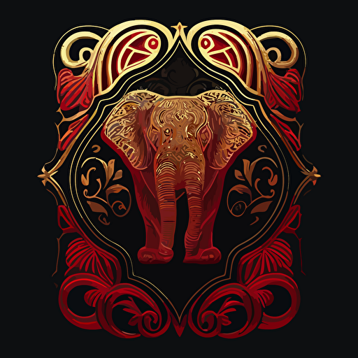 gold & red playing card isolated on black background vector illustration, in the style of casey weldon, conceptual embroideries, mário eloy, mark brooks, majestic elephants, dark red and light black, symmetrical forms