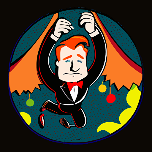 vector cartoon of conan o'brien hanging from a paper moon, exaggerated, vibrant colours, centered, dark background