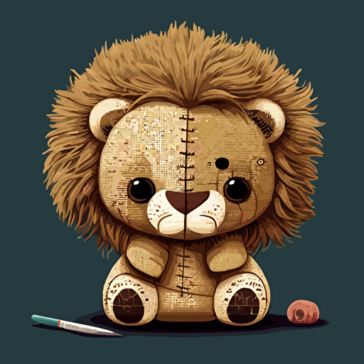 create vector drawings images of stuffed lion with stitches, adorable, horror, used for female profile picture, in very high quality