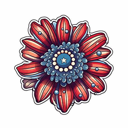 close up vector illustration for a sticker, of the head of a flower, no stem. its petals are colored in the stars and stripes of the american flag. on white background