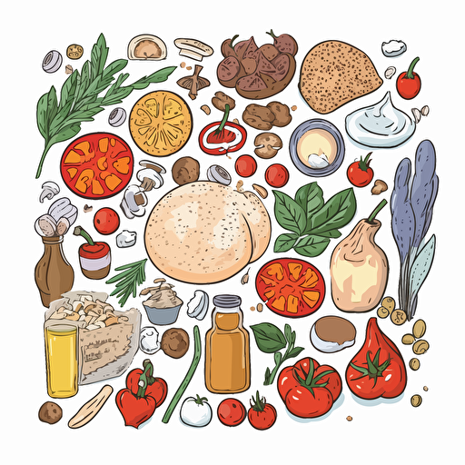one color flat illustration of pizza ingredients on white background, vector art, no outline, pastel colors