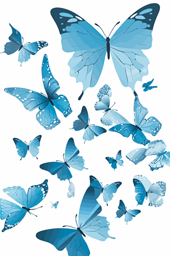 butterflies from different direction, on white background, Vector well-polished, pastel blue tone colour,