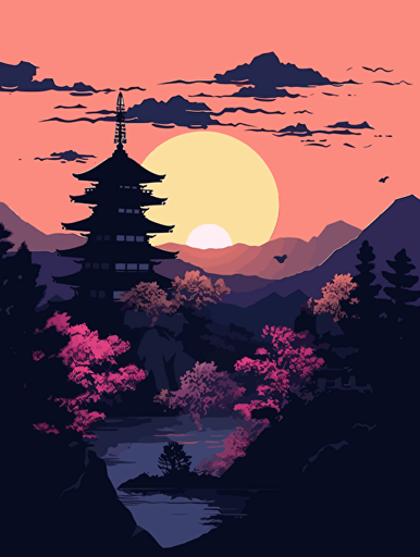 flat vector illustration, Japan on sunset, detailed