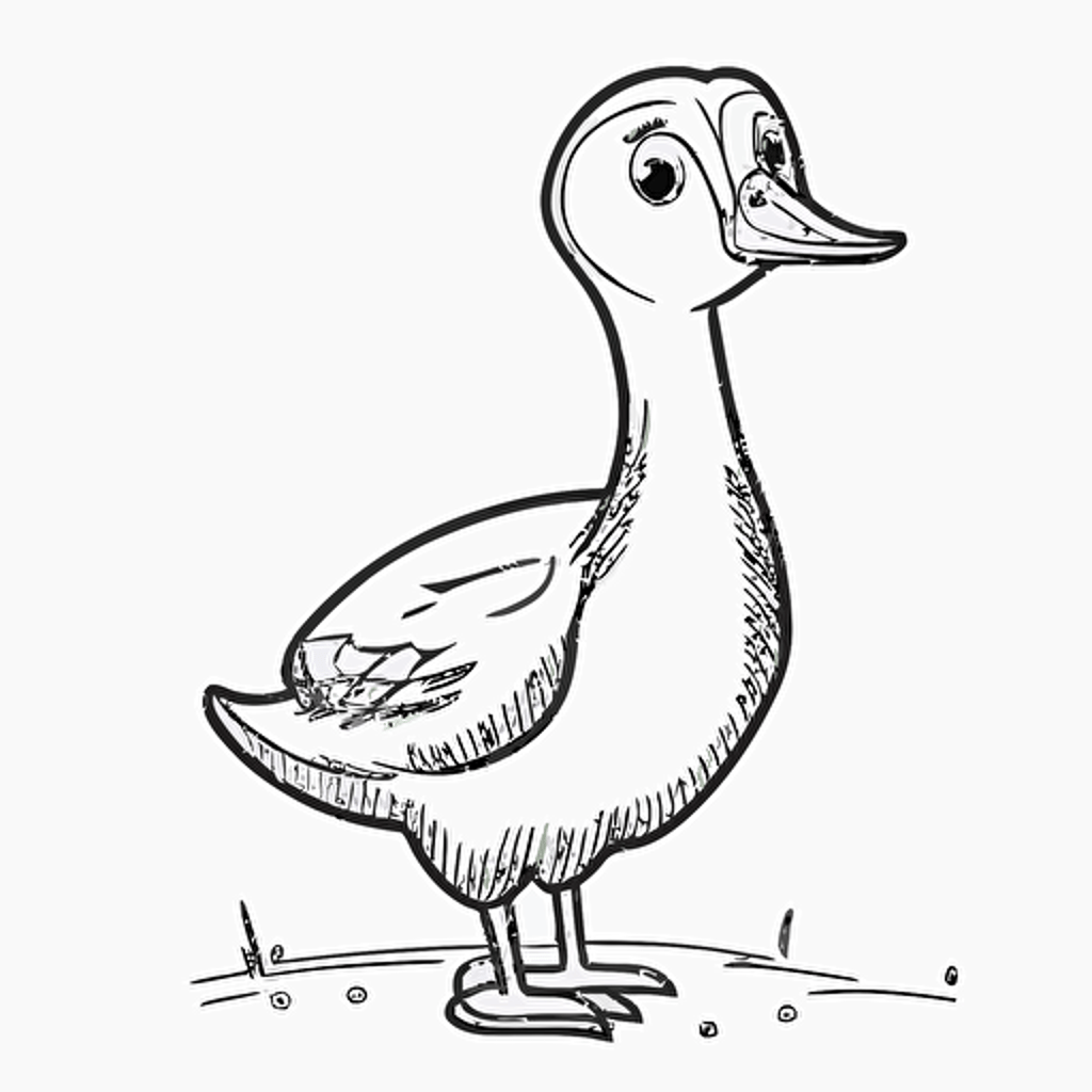 cute goose in farm, big cute eyes, pixar style, simple outline and shapes, coloring page black and white comic book flat vector, white background