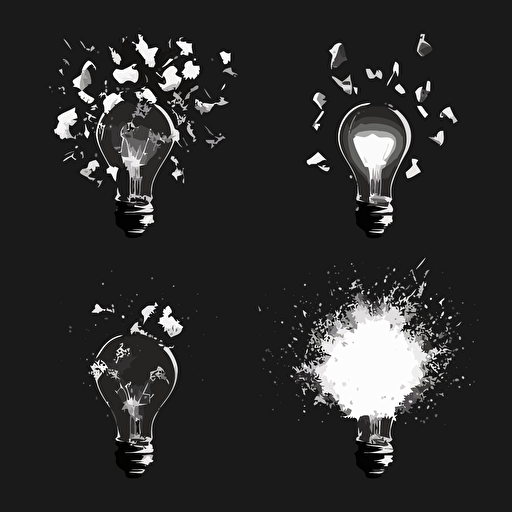 animation sequence of lightbulb exploding, black and white, simple vector, black background