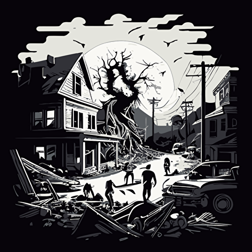 black and white vector illustration of small town with chaos and destruction caused by the friends' reckless use of their powers.