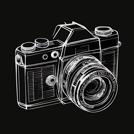 white line vector sketch of a 35 mm camera with lense, on a black background, as a logo
