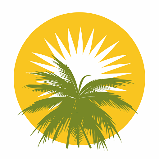 very simple sun taking up most of the image, a couple of palm leaves, yellow, flat, vector
