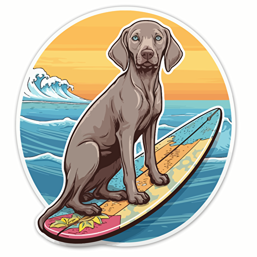 weimaraner puppy riding on top of a surfboard, Sticker, Playful, Bright Colors, Digital Art, Contour, Vector, Big blue wave in Background, Detailed