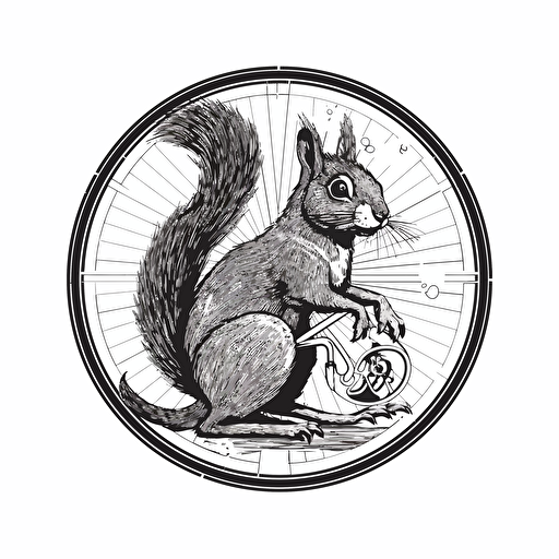 cyber punk, black squirrel, inside a bicycle rim and tire, logo, white background, vector style, grey tones