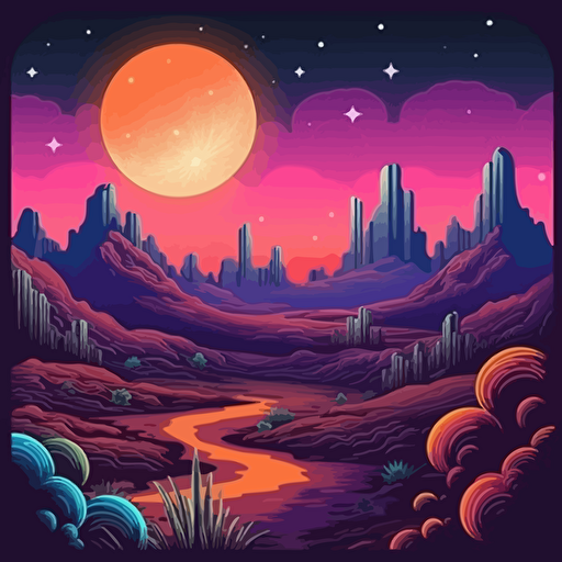 vector design, celestial landscape desert, boho hippie cactus landscape desert, neon moon, vectoc