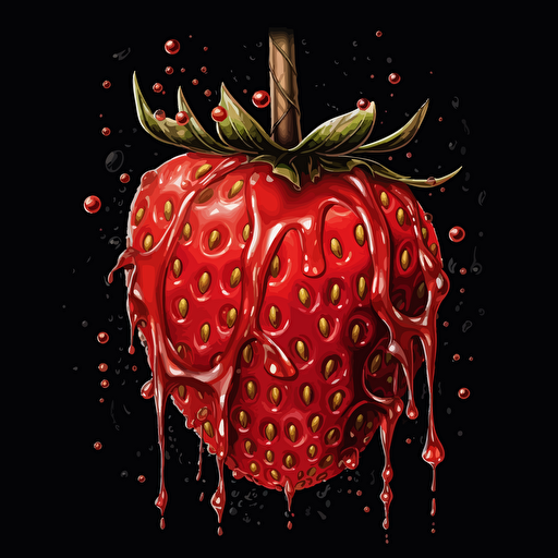 strawberry with a rusty nail piercing the center. Red drips. Splatter. Black background. Highly detailed. Vector image. Drawing. 16k.
