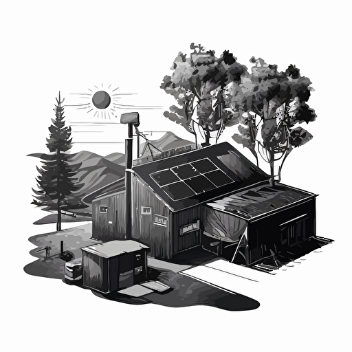 simple vector image of a workshop with trees and photovoltaic panels on the roof, black on white