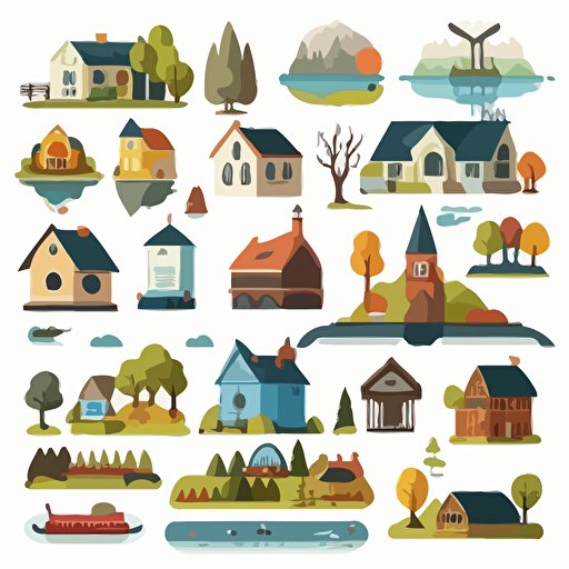set of bright and happy vector cartoon sprites in grid, english countryside, on white background, house, statue, lake, trees, train, village, town, bridge, mine, woods