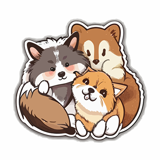 kawaii, four animals, white mancoon and brown calico and wolf dog and Rough Collie snuggled together, sticker, vector, white background, contour, cartoon style