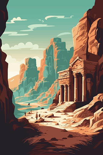 front view of Petra in jordan, blue sky, vector design, minimalist, flat
