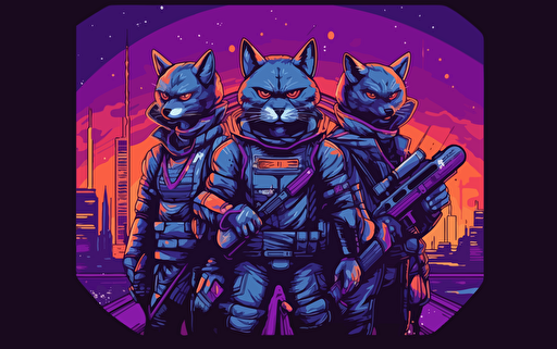 creative logo design of a group of anthromoporphic cats dressed in sci-fi cyberpunk NFT gear with space weapons and with spaceships and planets in detailed background, 2d, purple and blue colors, vector, mural art