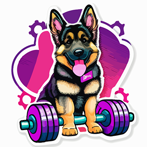 vector happy German Shepard puppy sitting next to a dumbell sticker+ white background + vibrant pink and purple+ cartoon