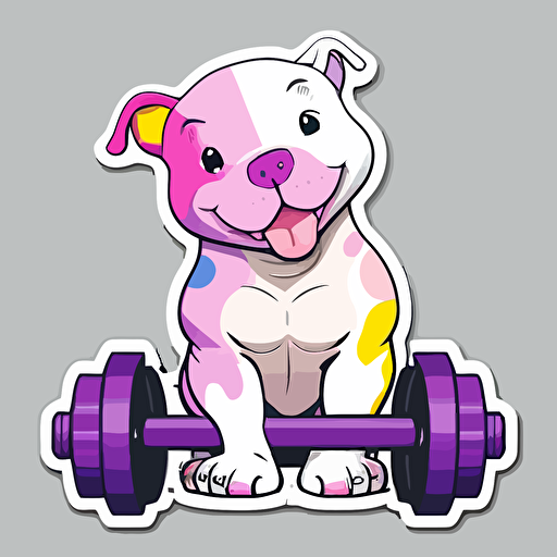 vector happy pitbull puppy sitting next to a dumbell sticker+ white background + vibrant pink and purple+ cartoon