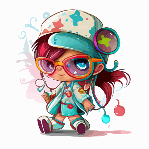 a very cute baby girl wearing very big sunglasses dressed up as a nurse, as a cartoon type, as a vector, white background, bright graffiti colors