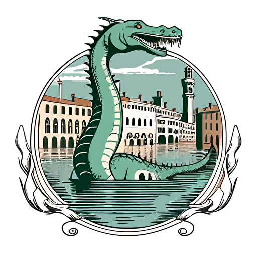 lochness monster in the canals of venice, vector logo, vector art, emblem, simple cartoon, 2d, no text, white background