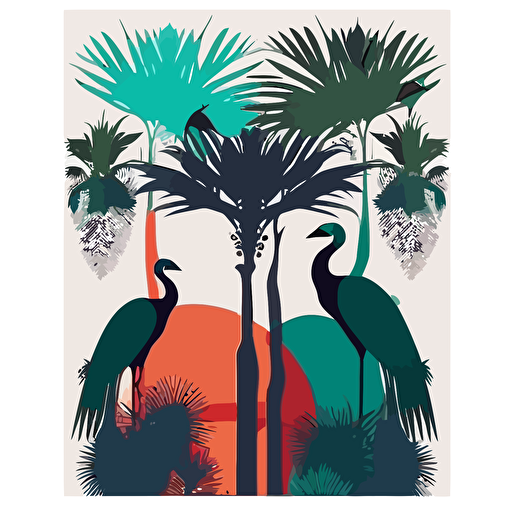 minimalist party poster with peacocks and banyan trees, tropical colors, Franz lenhart style, Travel poster vector style