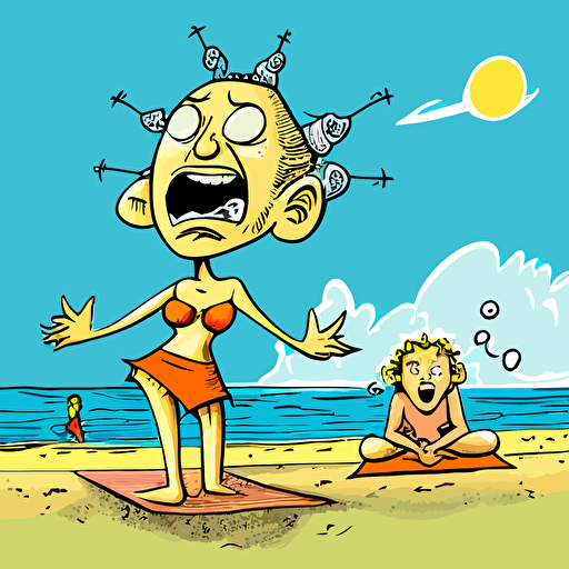 a funny cartoon of mother trying to relax at the beach by doing a yoga pose and a child in the background making trouble, funny, hilarious, vector