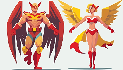 a female and a male androids flying together, with eagle wings, and a red and yellow costume, friendly smiling, volonteer, vector style