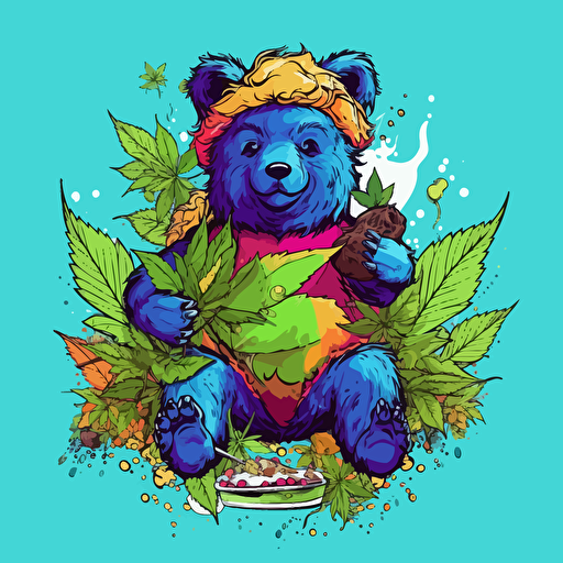 2d Minimalist logo design of a futuristic warrior bear smoking marijuana :: marijuana leafs and various candies, splash color, vector art