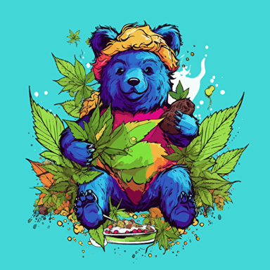 2d Minimalist logo design of a futuristic warrior bear smoking marijuana :: marijuana leafs and various candies, splash color, vector art