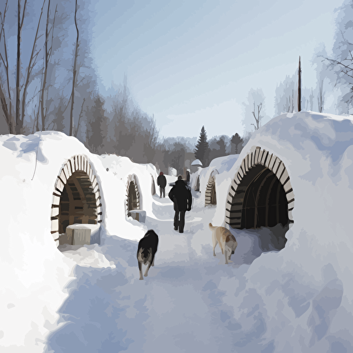 Lulu and Max, village prepared for future storms, developing new technologies, esigned a series of reinforced tunnels beneath the village, tunnels were built with sturdy materials and insulated to withstand the cold, developed a system for preserving food, designed a new type of fireplace that ess wood and produced more heat, knowledge of engineering and construction to build sturdy shelters for their neighbors snow community, a snow in a street at mid of a day and supporting their neighbors, using vector illustration, super resolution, ultra detailed, 10k